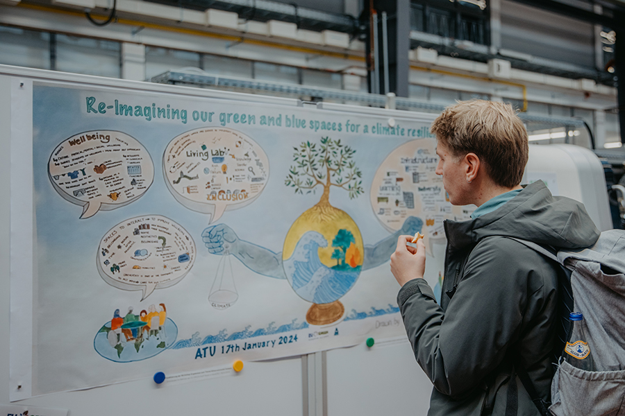 Impressionen World Café Campusgestaltung (c) Anna Friese Uni Magdeburg Ein junger Mann schaut sich beim World Café zur Campusgestaltung ein Plakat zum Thema Nachhaltigkeit an (c) Anna Friese Uni Magdeburg